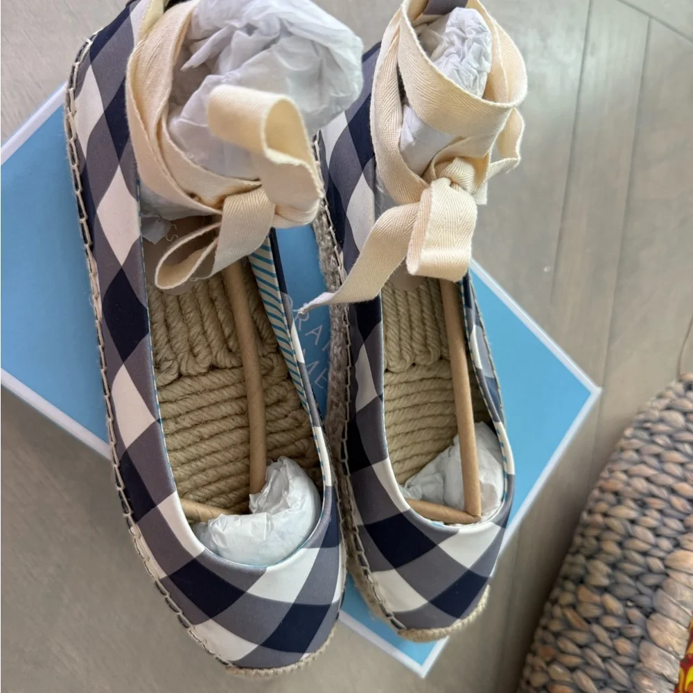 Draper James Navy and White Espadrille Flats with Ankle Tie
